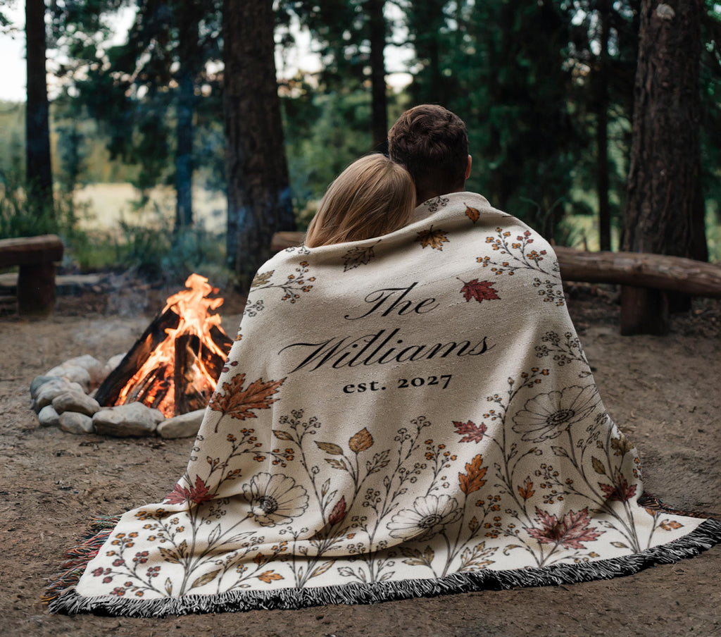 Personalized Fall Woven Blanket, Custom Family Name Throw, Autumn Wedding Gift for Couple, Cotton Anniversary Gift, Bridal Shower Decor