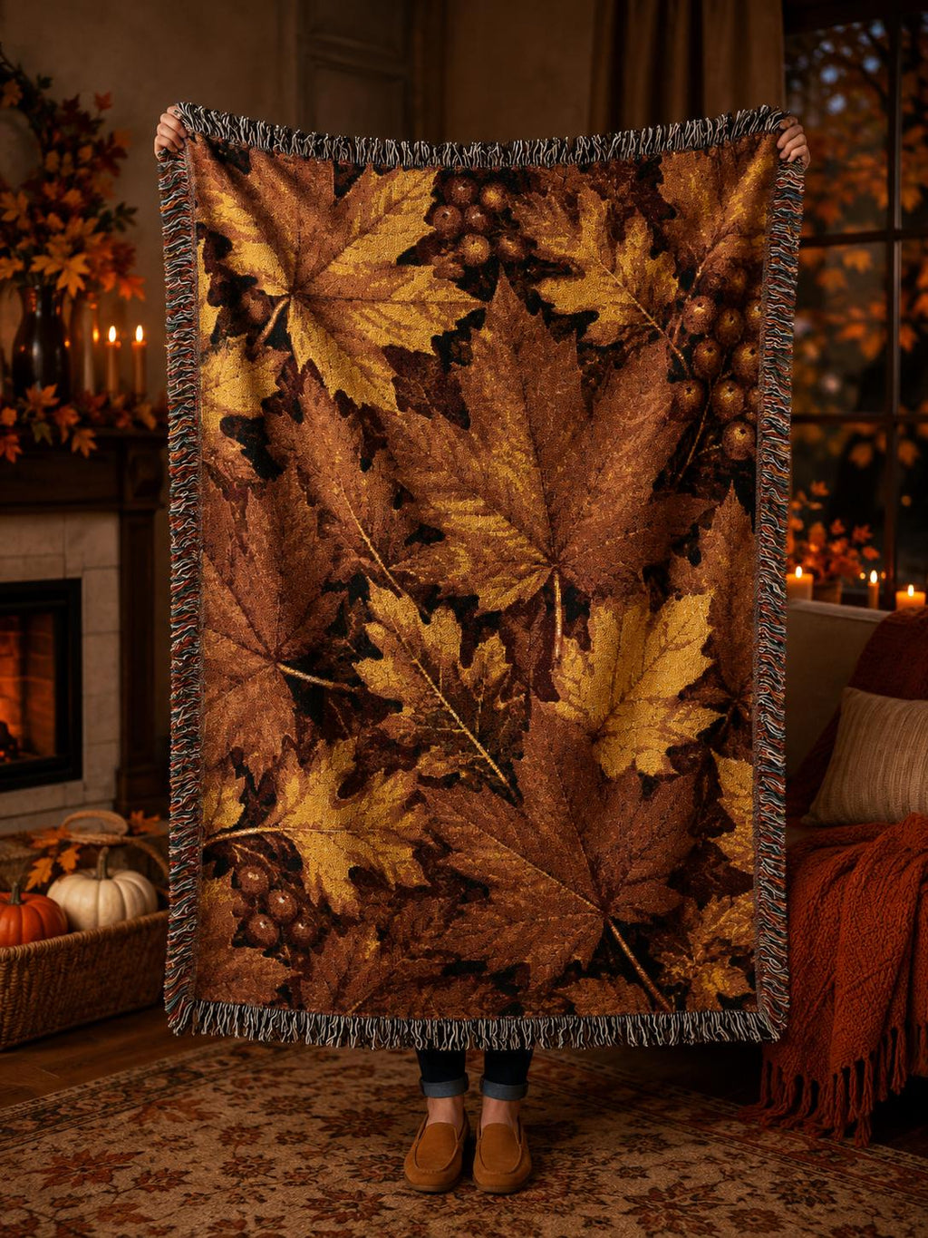 Autumn Leaves Woven Blanket | Fall Leaf Throw, Cozy Harvest Tapestry