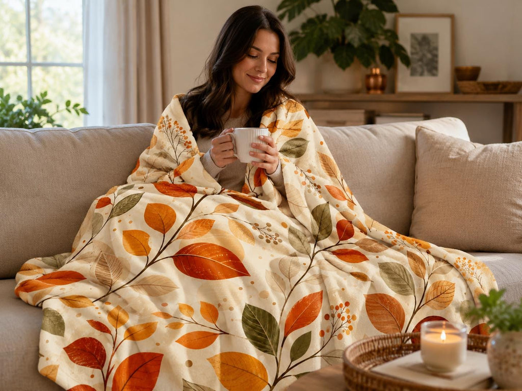 Fall Leaves Fleece Blanket, Autumn Botanical Throw Blanket, Cozy Farmhouse Blanket, Rustic Leaf Home Decor, Thanksgiving Gift for Her