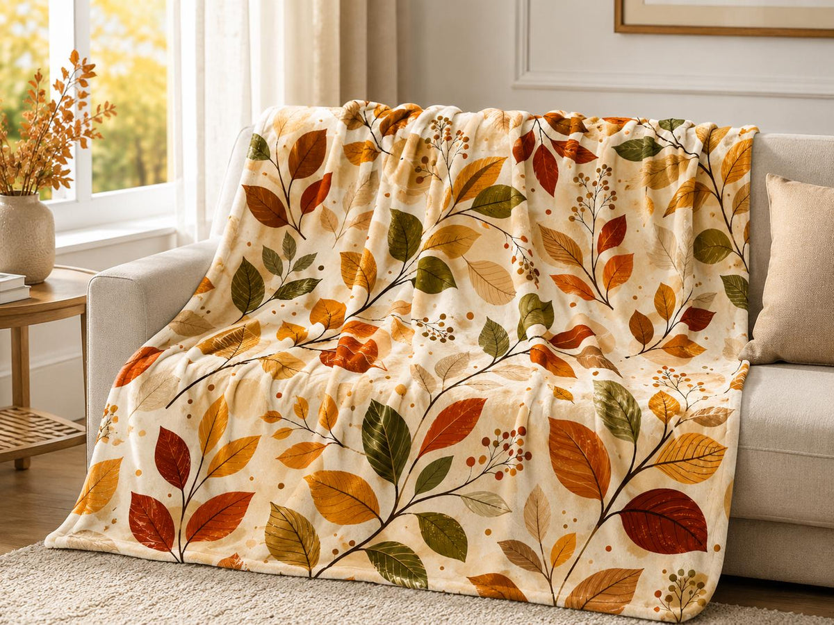 Fall Leaves Fleece Blanket, Autumn Botanical Throw Blanket, Cozy Farmhouse Blanket, Rustic Leaf Home Decor, Thanksgiving Gift for Her