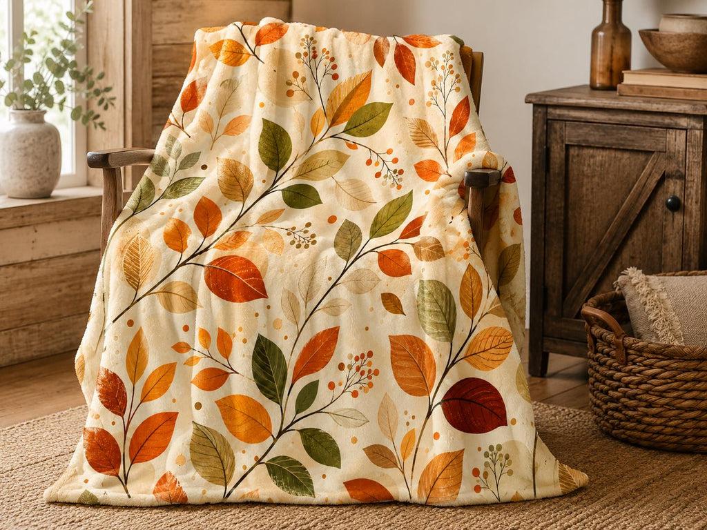 Fall Leaves Fleece Blanket, Autumn Botanical Throw Blanket, Cozy Farmhouse Blanket, Rustic Leaf Home Decor, Thanksgiving Gift for Her