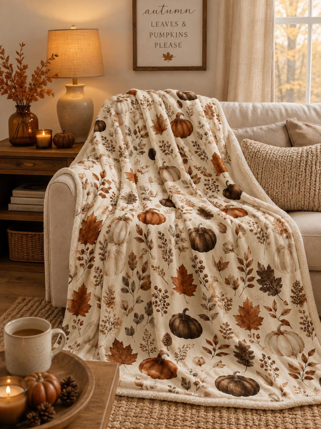 Neutral Watercolor Pumpkins Velveteen Microfiber Blanket | Autumn Leaves Fall Pattern