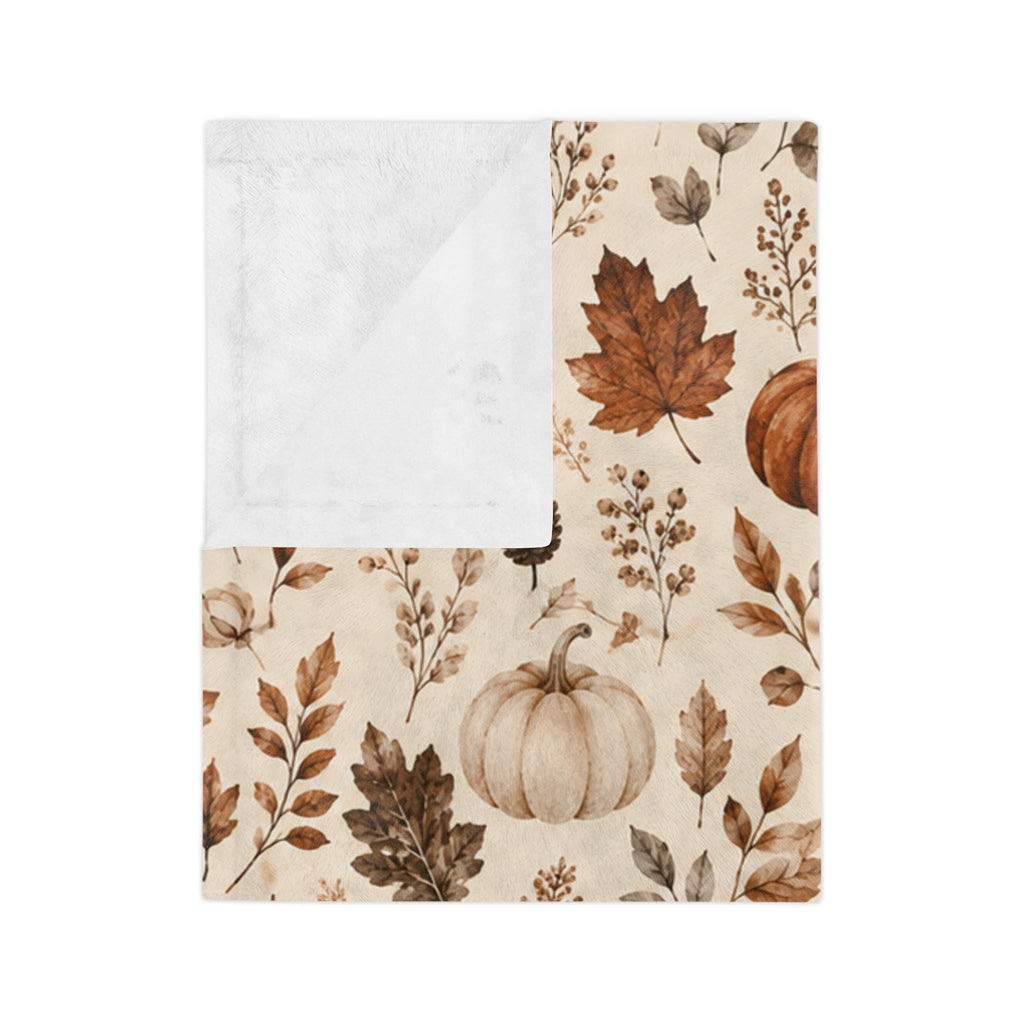 Neutral Watercolor Pumpkins Velveteen Microfiber Blanket | Autumn Leaves Fall Pattern