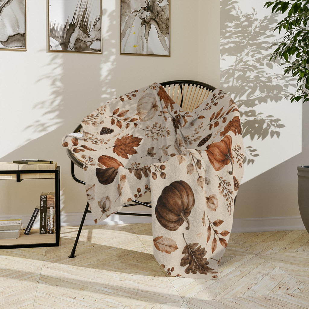 Neutral Watercolor Pumpkins Velveteen Microfiber Blanket | Autumn Leaves Fall Pattern
