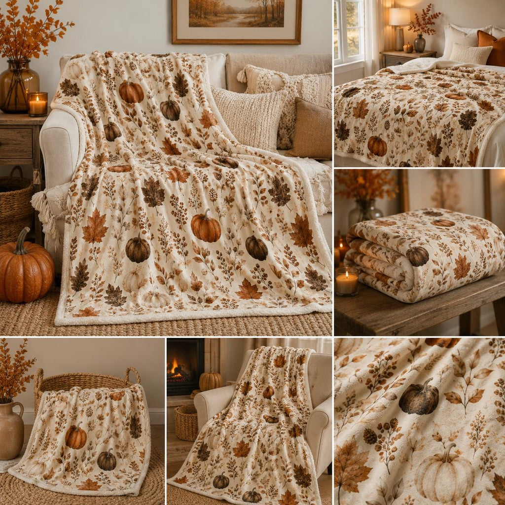 Neutral Watercolor Pumpkins Velveteen Microfiber Blanket | Autumn Leaves Fall Pattern