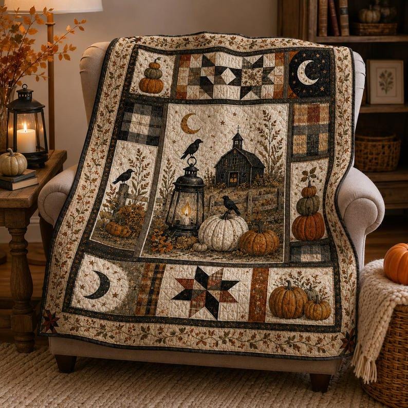 Primitive Fall Quilt Blanket, Pumpkin Crow Patchwork Throw, Rustic Farmhouse Autumn Decor, Harvest Moon Cozy Home Gift