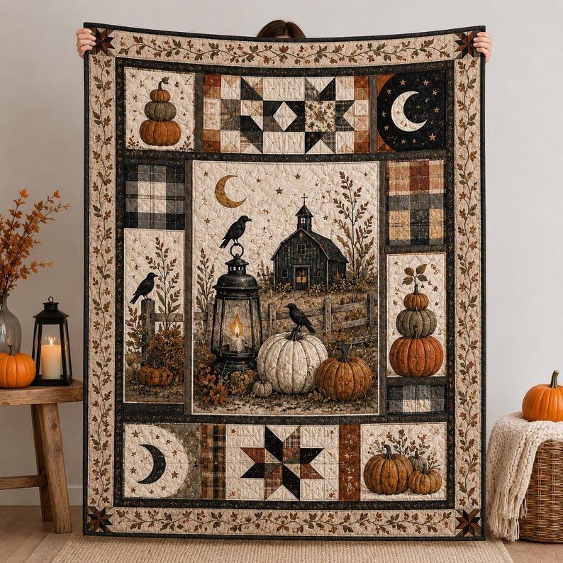 Primitive Fall Quilt Blanket, Pumpkin Crow Patchwork Throw, Rustic Farmhouse Autumn Decor, Harvest Moon Cozy Home Gift