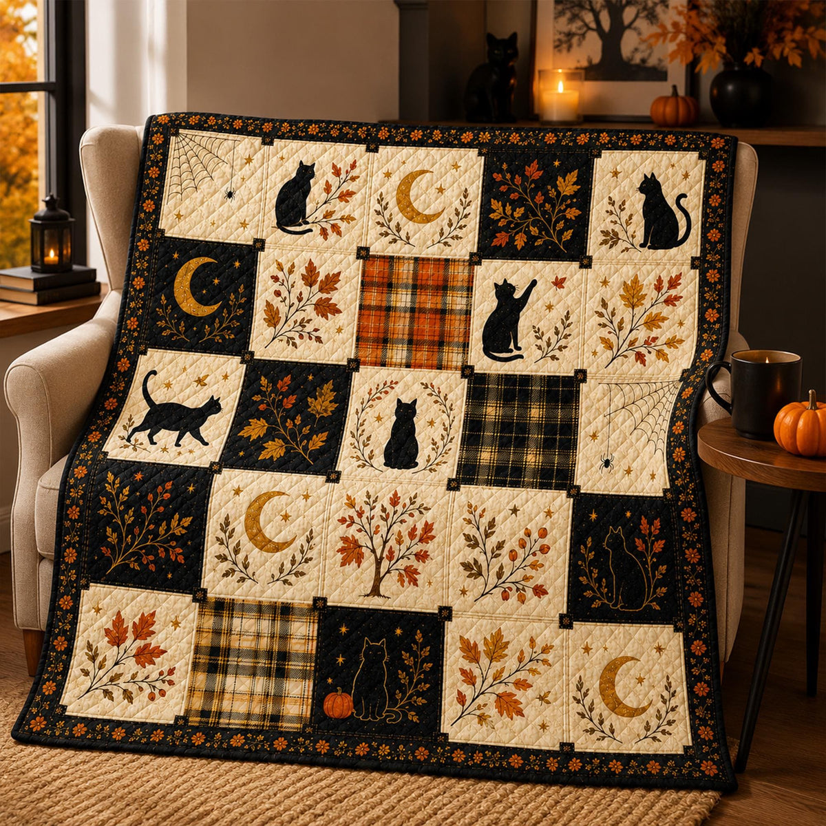 Halloween Black Cat Quilt Blanket, Autumn Patchwork Bedspread, Witchy Moon Spider Web Throw, Gothic Fall Home Decor, Cozy Cat Lover Gift
