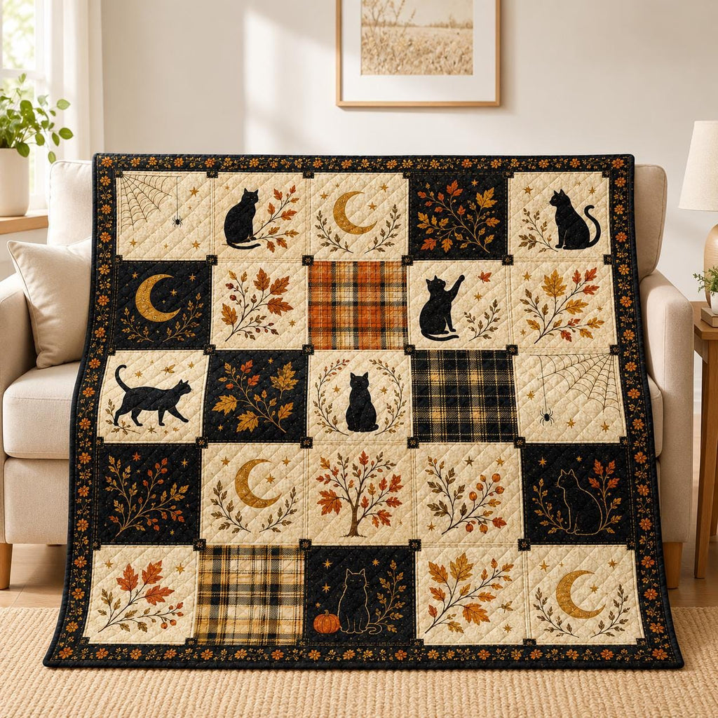 Halloween Black Cat Quilt Blanket, Autumn Patchwork Bedspread, Witchy Moon Spider Web Throw, Gothic Fall Home Decor, Cozy Cat Lover Gift