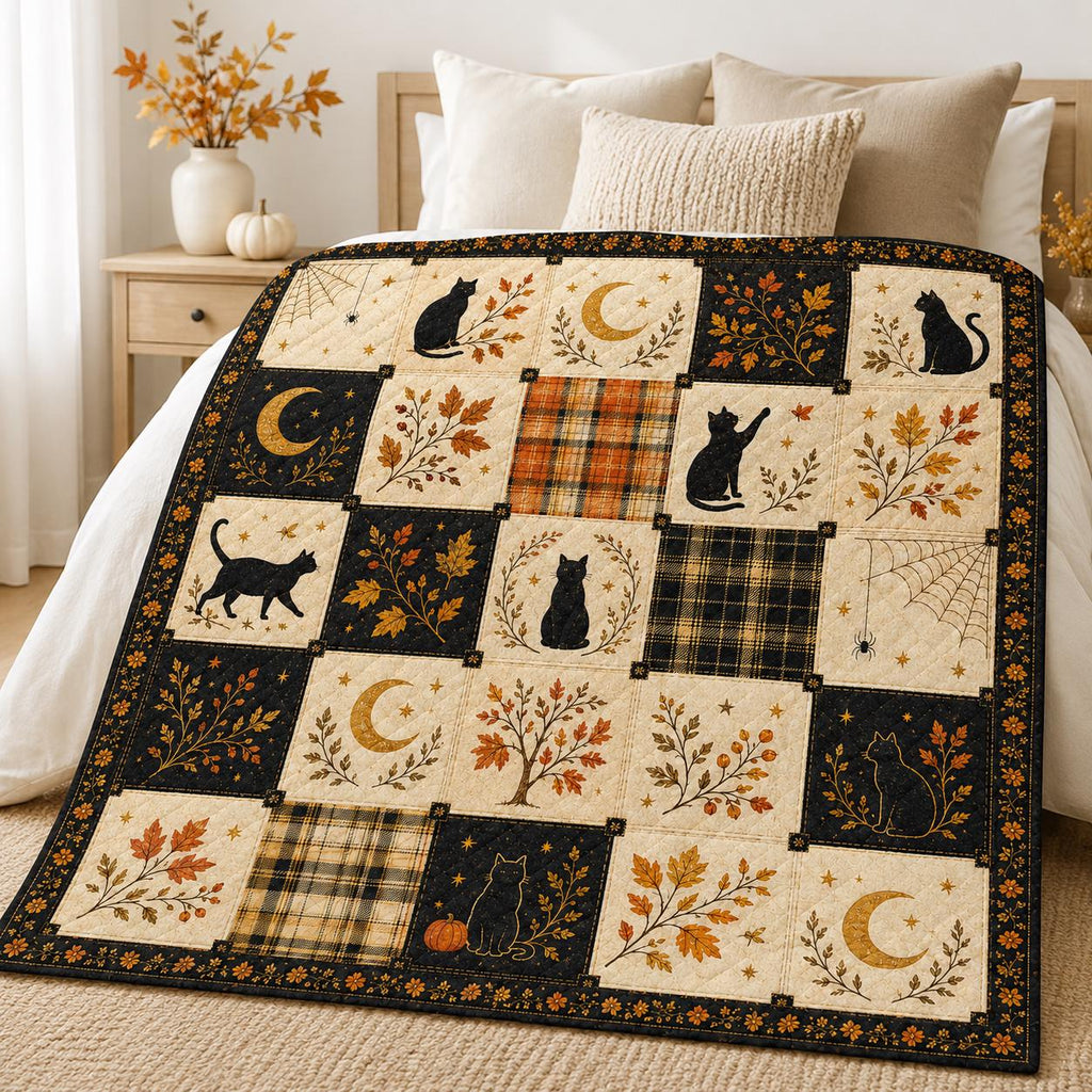 Halloween Black Cat Quilt Blanket, Autumn Patchwork Bedspread, Witchy Moon Spider Web Throw, Gothic Fall Home Decor, Cozy Cat Lover Gift