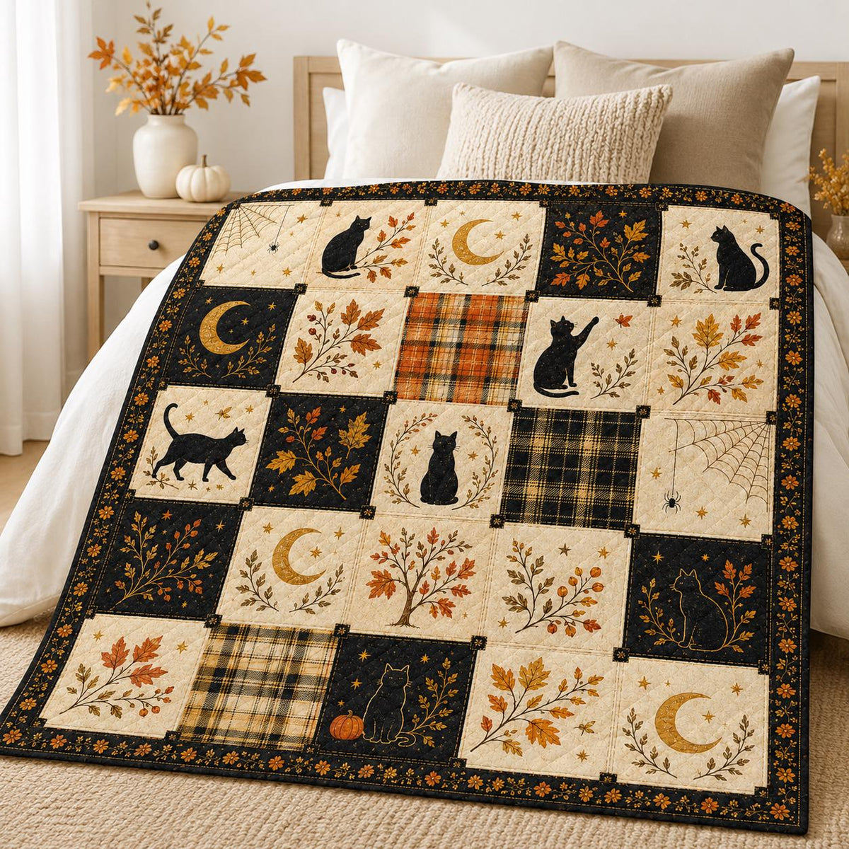 Halloween Black Cat Quilt Blanket, Autumn Patchwork Bedspread, Witchy Moon Spider Web Throw, Gothic Fall Home Decor, Cozy Cat Lover Gift