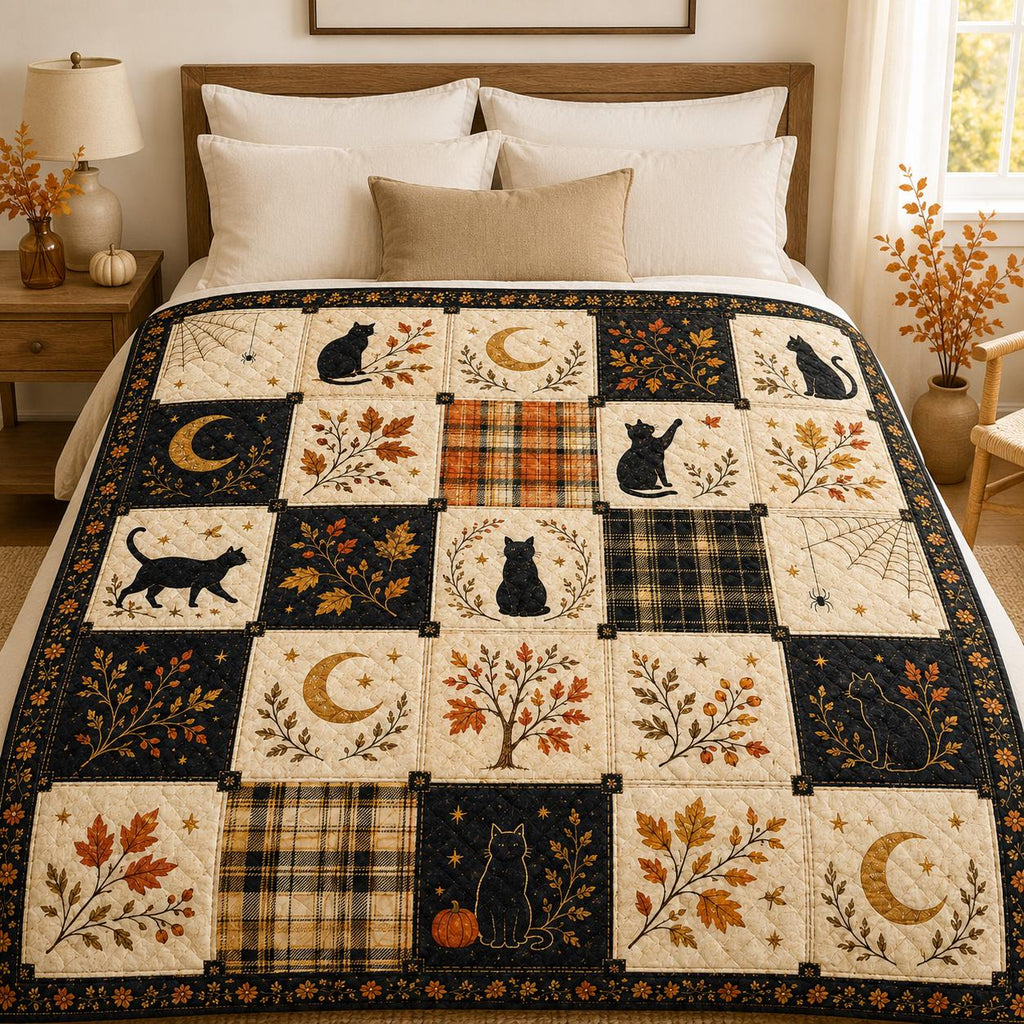 Halloween Black Cat Quilt Blanket, Autumn Patchwork Bedspread, Witchy Moon Spider Web Throw, Gothic Fall Home Decor, Cozy Cat Lover Gift