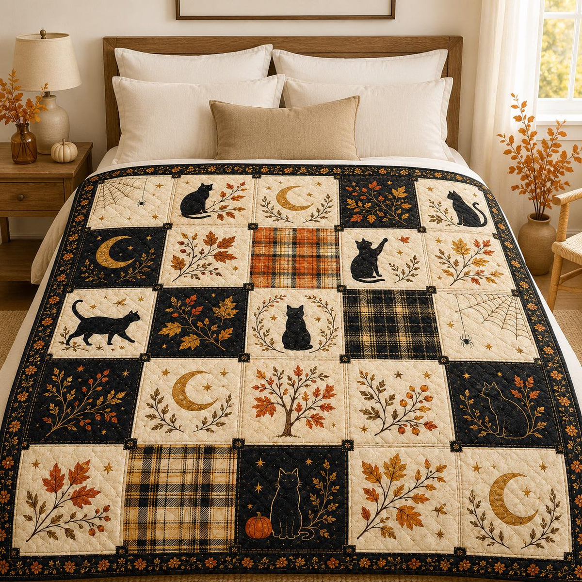Halloween Black Cat Quilt Blanket, Autumn Patchwork Bedspread, Witchy Moon Spider Web Throw, Gothic Fall Home Decor, Cozy Cat Lover Gift