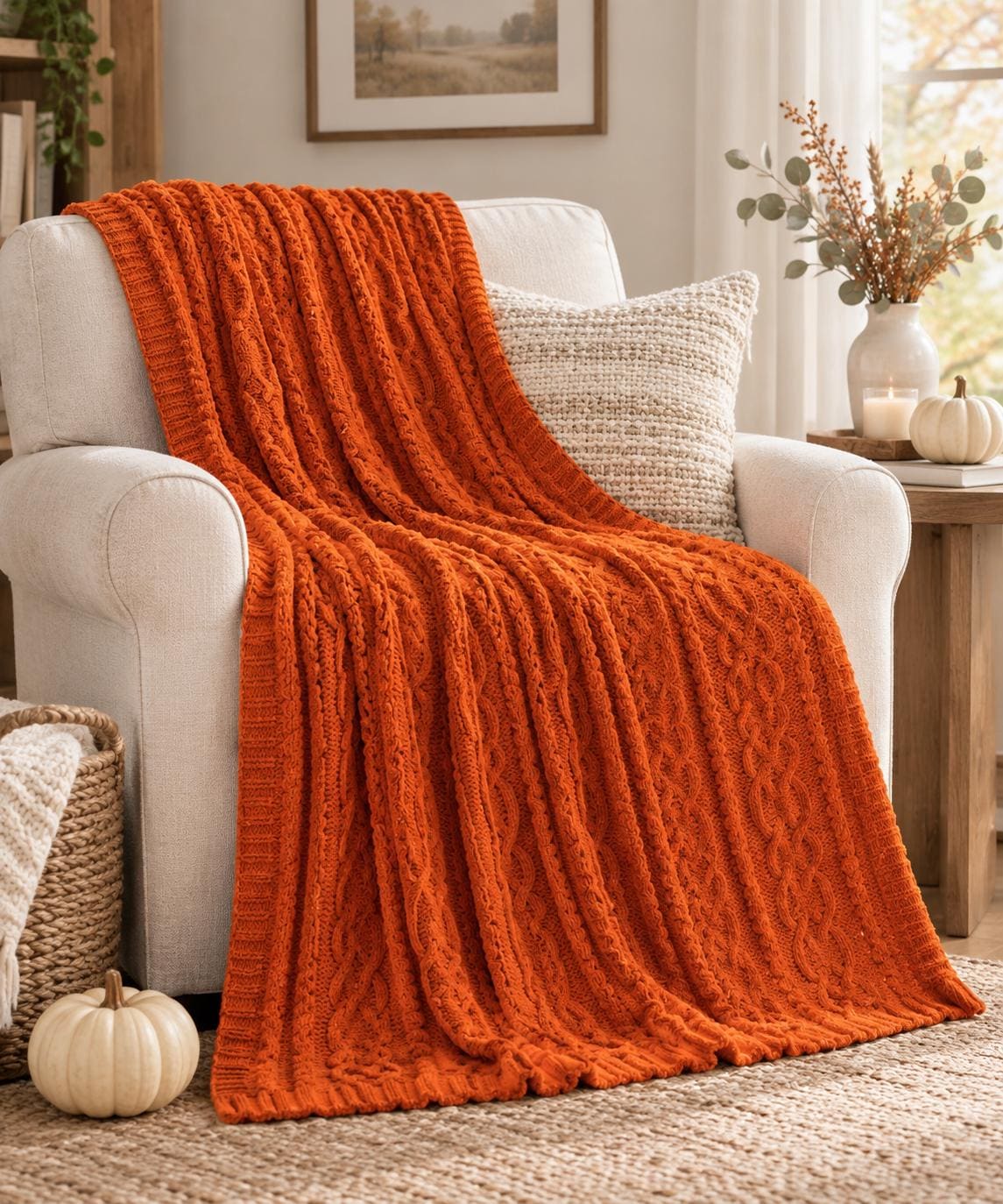Burnt Orange Chenille Throw Blanket, Cozy Cable Knit Sofa Throw, Soft Autumn Blanket, Fall Home Decor, Bed & Couch Blanket, 130x170cm