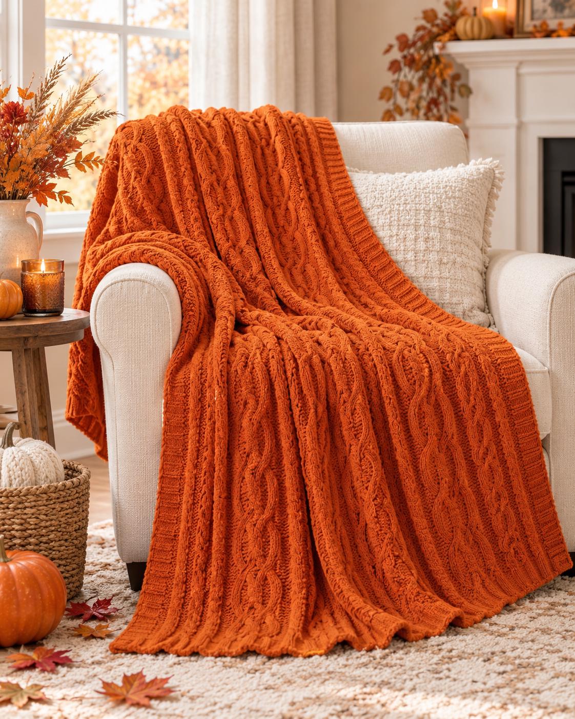 Burnt Orange Chenille Throw Blanket, Cozy Cable Knit Sofa Throw, Soft Autumn Blanket, Fall Home Decor, Bed & Couch Blanket, 130x170cm