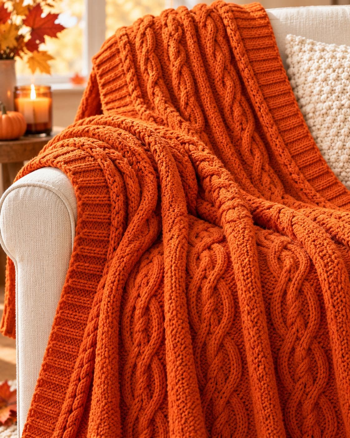 Burnt Orange Chenille Throw Blanket, Cozy Cable Knit Sofa Throw, Soft Autumn Blanket, Fall Home Decor, Bed & Couch Blanket, 130x170cm