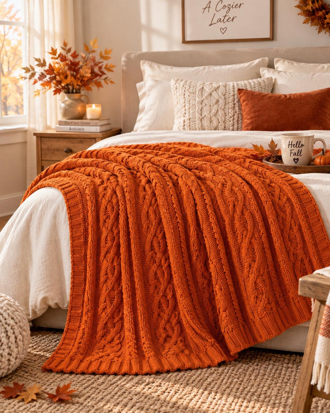 Burnt Orange Chenille Throw Blanket, Cozy Cable Knit Sofa Throw, Soft Autumn Blanket, Fall Home Decor, Bed & Couch Blanket, 130x170cm