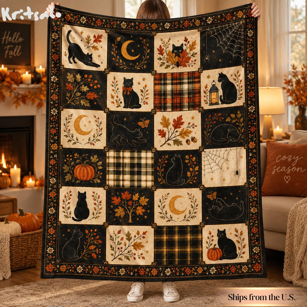 Black Cat Halloween Flannel Blanket, Vintage Fall Patchwork Throw, Pumpkin Moon Plaid Blanket, Spooky Autumn Decor, Cat Lover Halloween Gift