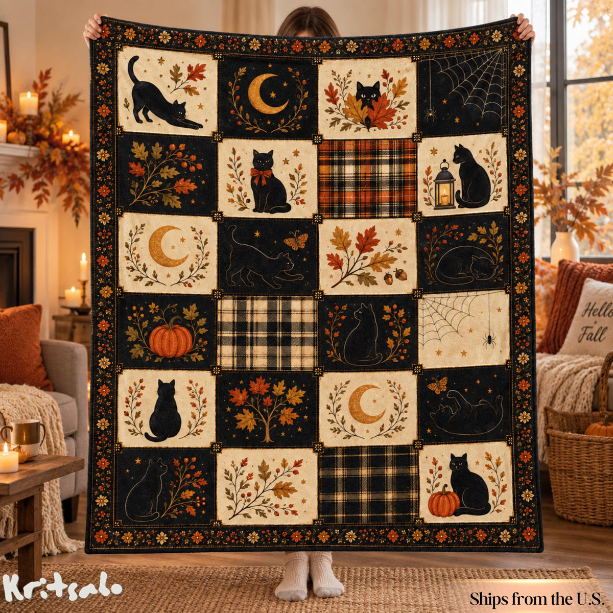 Black Cat Halloween Flannel Blanket, Vintage Fall Patchwork Throw, Pumpkin Moon Plaid Blanket, Spooky Autumn Decor, Cat Lover Halloween Gift