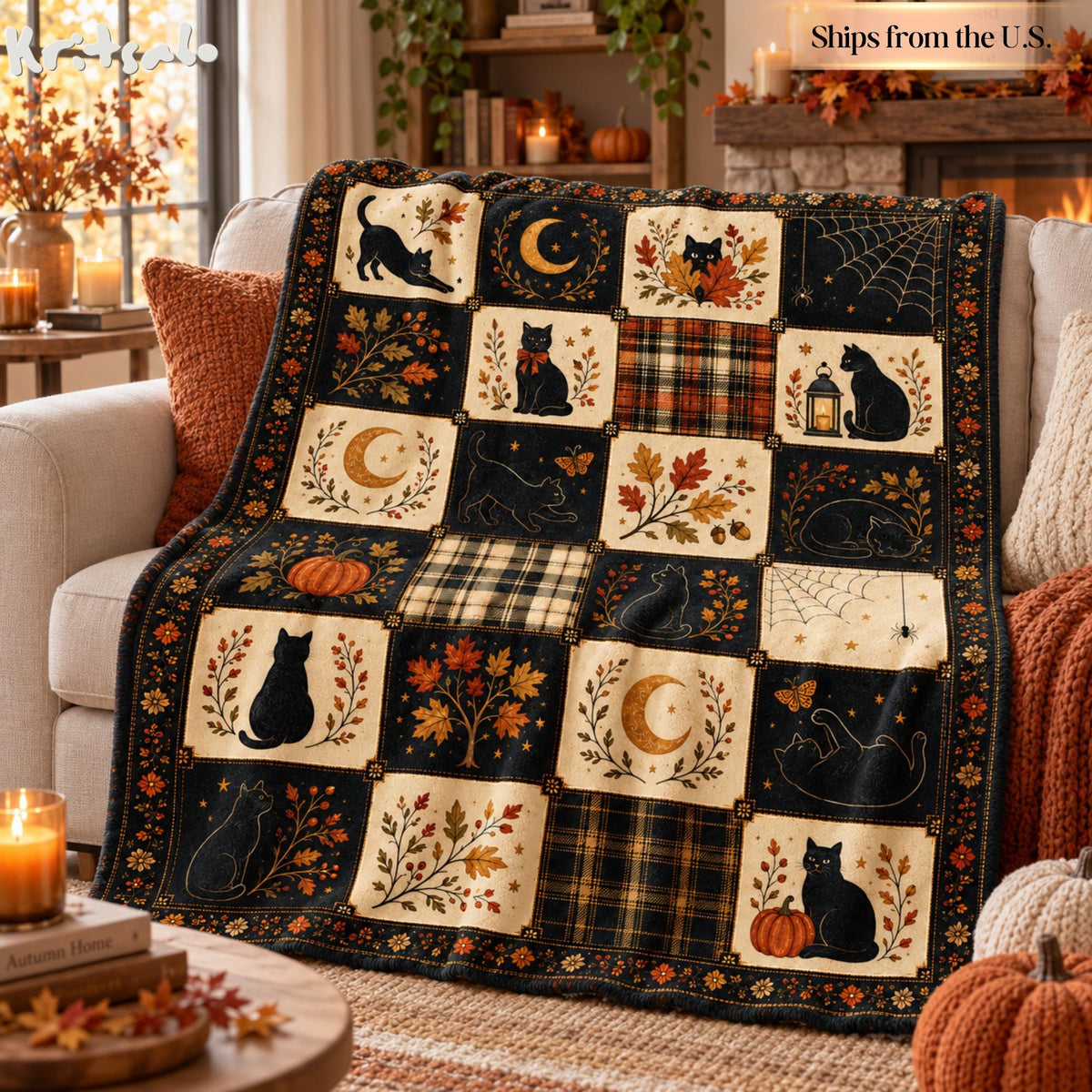 Black Cat Halloween Flannel Blanket, Vintage Fall Patchwork Throw, Pumpkin Moon Plaid Blanket, Spooky Autumn Decor, Cat Lover Halloween Gift