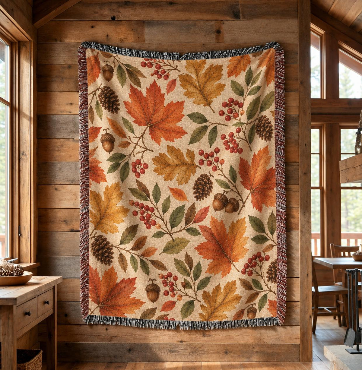 Autumn Woven Blanket, Fall Leaves Throw, Cozy Rustic Home Decor, Thanksgiving Decor, Nature Lover Gift