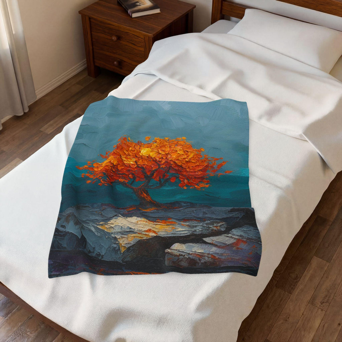 Stylized Tree Plush Blanket | Impressionist Blue Orange Fall Throw | Bold Autumn Velveteen Statement Bedding | Printed Cozy Home Decor