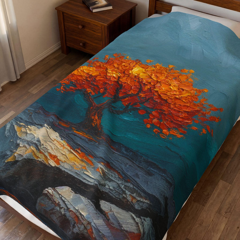 Stylized Tree Plush Blanket | Impressionist Blue Orange Fall Throw | Bold Autumn Velveteen Statement Bedding | Printed Cozy Home Decor