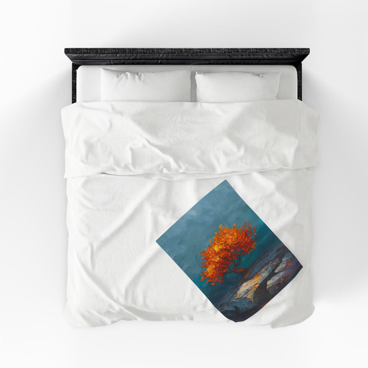 Stylized Tree Plush Blanket | Impressionist Blue Orange Fall Throw | Bold Autumn Velveteen Statement Bedding | Printed Cozy Home Decor