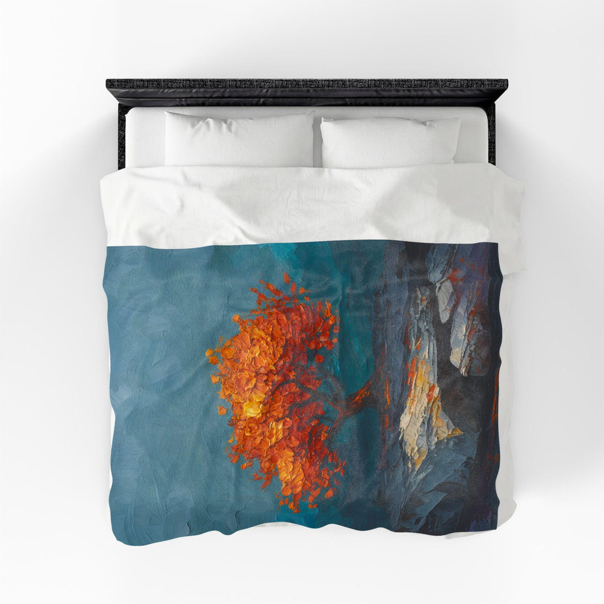 Stylized Tree Plush Blanket | Impressionist Blue Orange Fall Throw | Bold Autumn Velveteen Statement Bedding | Printed Cozy Home Decor