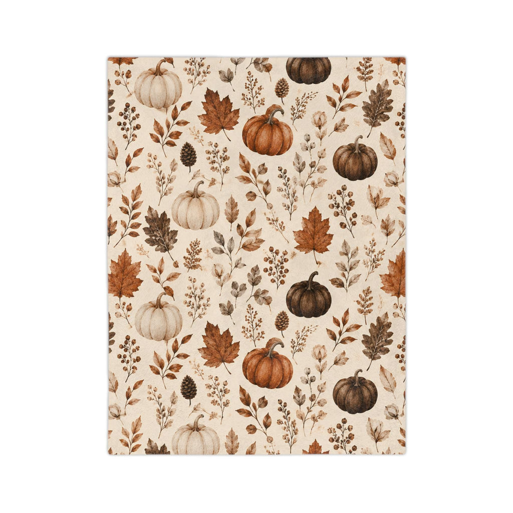 Neutral Watercolor Pumpkins Velveteen Microfiber Blanket | Autumn Leaves Fall Pattern