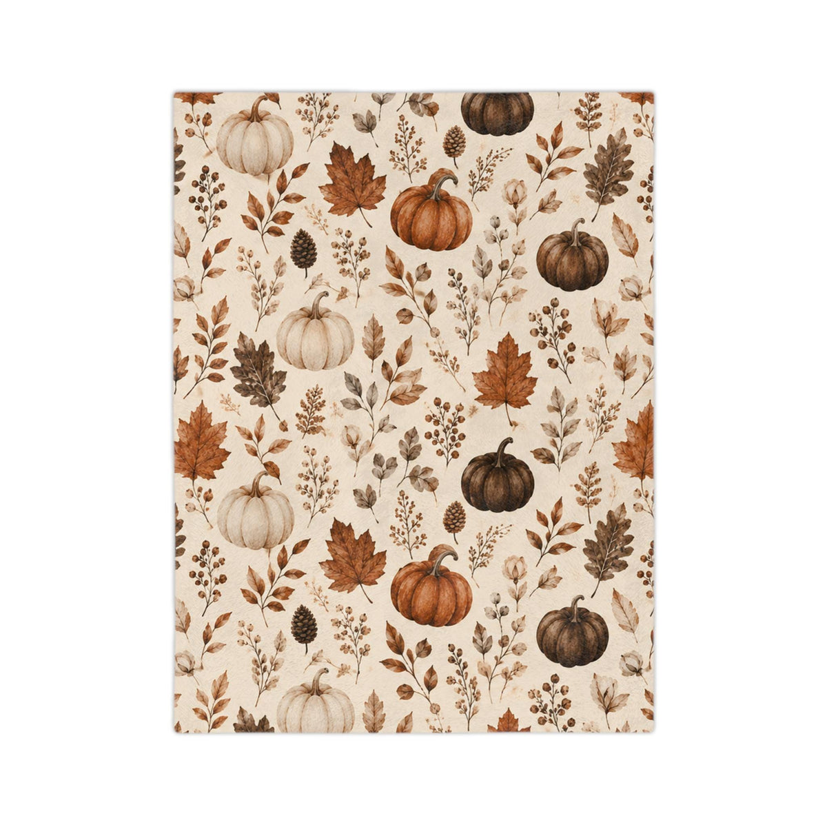 Neutral Watercolor Pumpkins Velveteen Microfiber Blanket | Autumn Leaves Fall Pattern