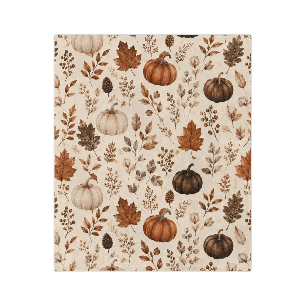 Neutral Watercolor Pumpkins Velveteen Microfiber Blanket | Autumn Leaves Fall Pattern