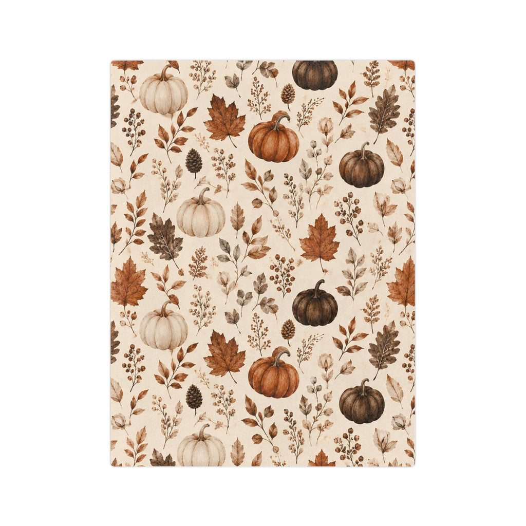 Neutral Watercolor Pumpkins Velveteen Microfiber Blanket | Autumn Leaves Fall Pattern