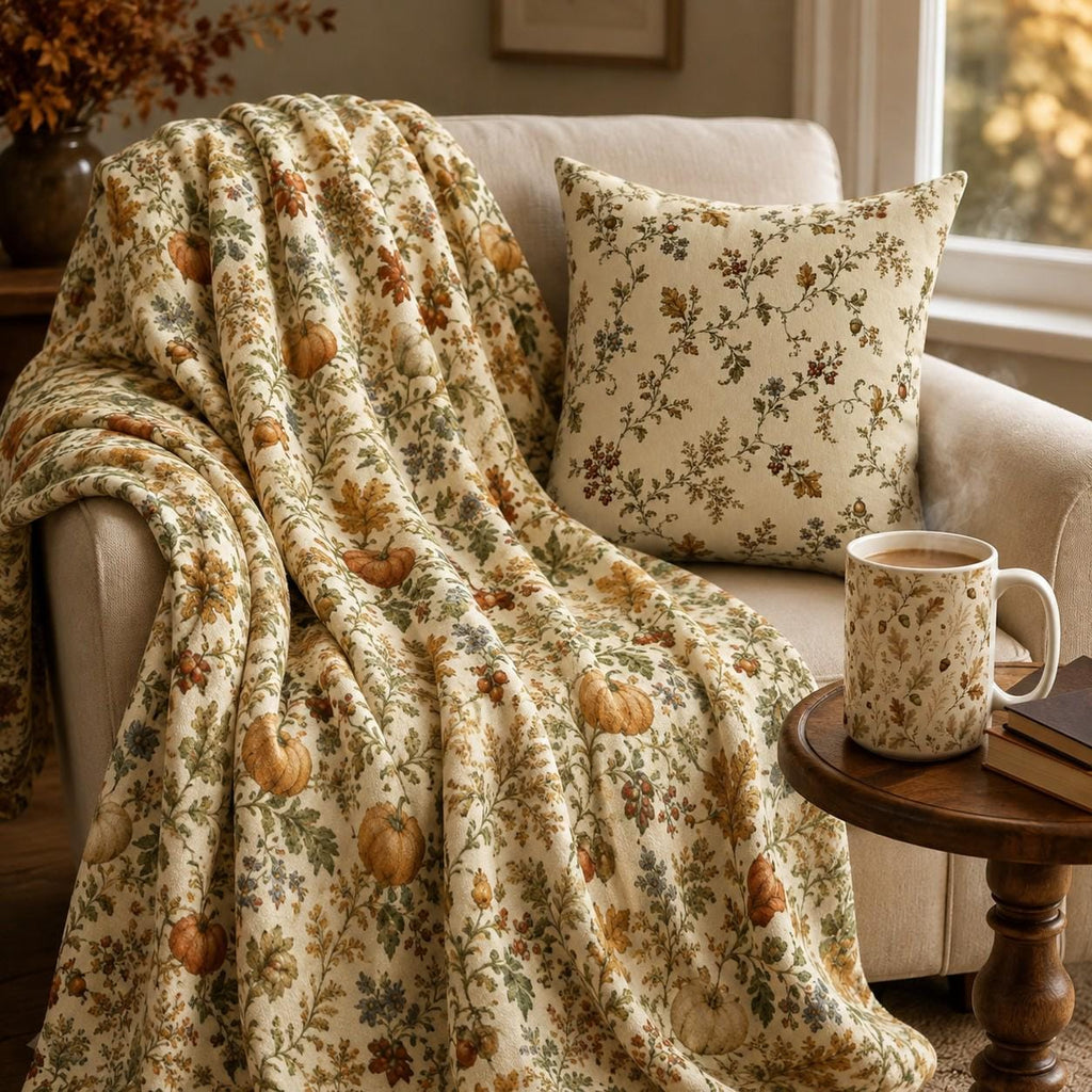 Pumpkin & Bramble Velveteen Blanket | Cozy Autumn Throw | Fall Decor