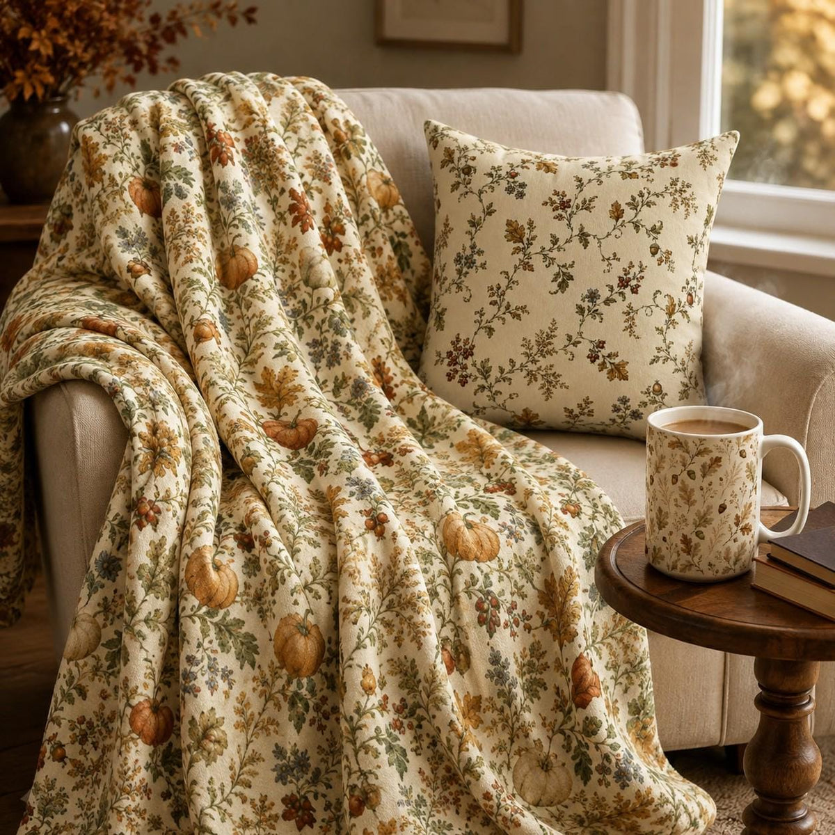Pumpkin & Bramble Velveteen Blanket | Cozy Autumn Throw | Fall Decor