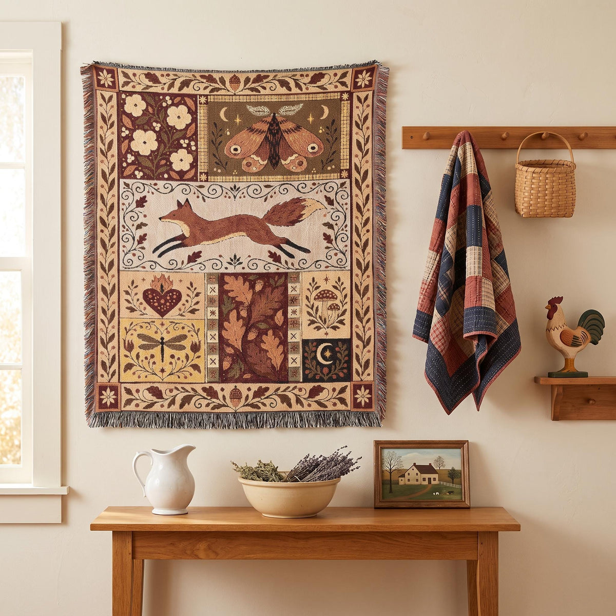 Woodland Folk Art Woven Blanket, Fox Moth and Acorn Tapestry Throw, Autumn Cottagecore Fringe Blanket for Couch, Gift for Fall Decor Lovers