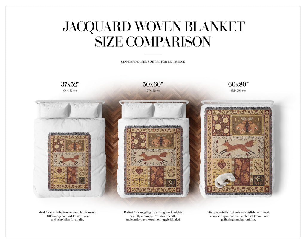 Woodland Folk Art Woven Blanket, Fox Moth and Acorn Tapestry Throw, Autumn Cottagecore Fringe Blanket for Couch, Gift for Fall Decor Lovers