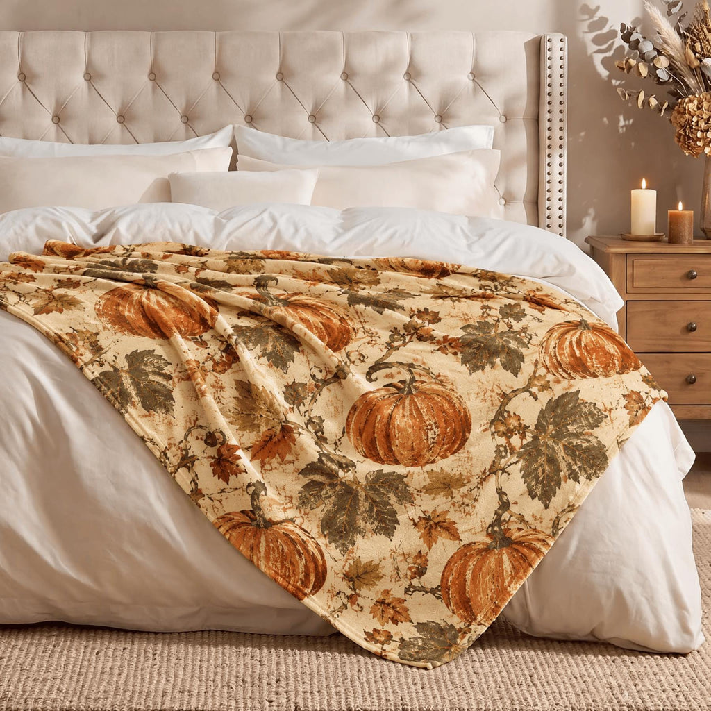 Retro Fall Blanket Pumpkin Orange Leaves Flannel Throw 50x60