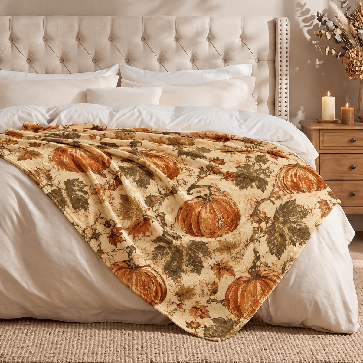 Retro Fall Blanket Pumpkin Orange Leaves Flannel Throw 50x60