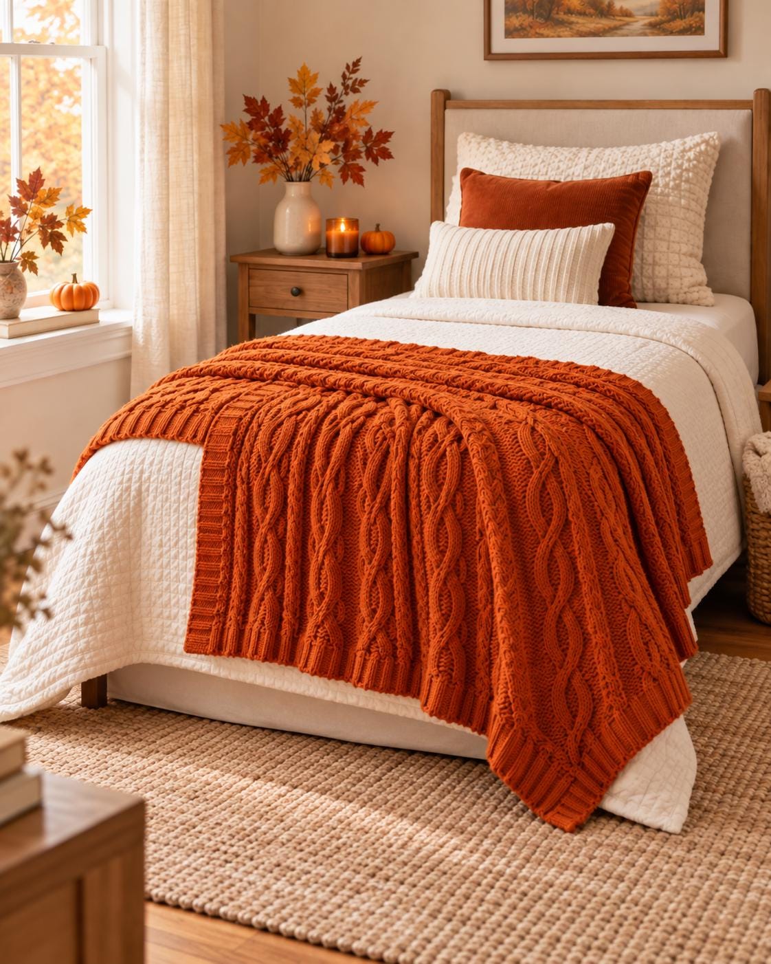 Burnt Orange Chenille Throw Blanket, Cozy Cable Knit Sofa Throw, Soft Autumn Blanket, Fall Home Decor, Bed & Couch Blanket, 130x170cm