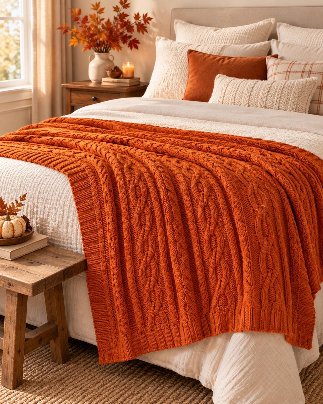 Burnt Orange Chenille Throw Blanket, Cozy Cable Knit Sofa Throw, Soft Autumn Blanket, Fall Home Decor, Bed & Couch Blanket, 130x170cm