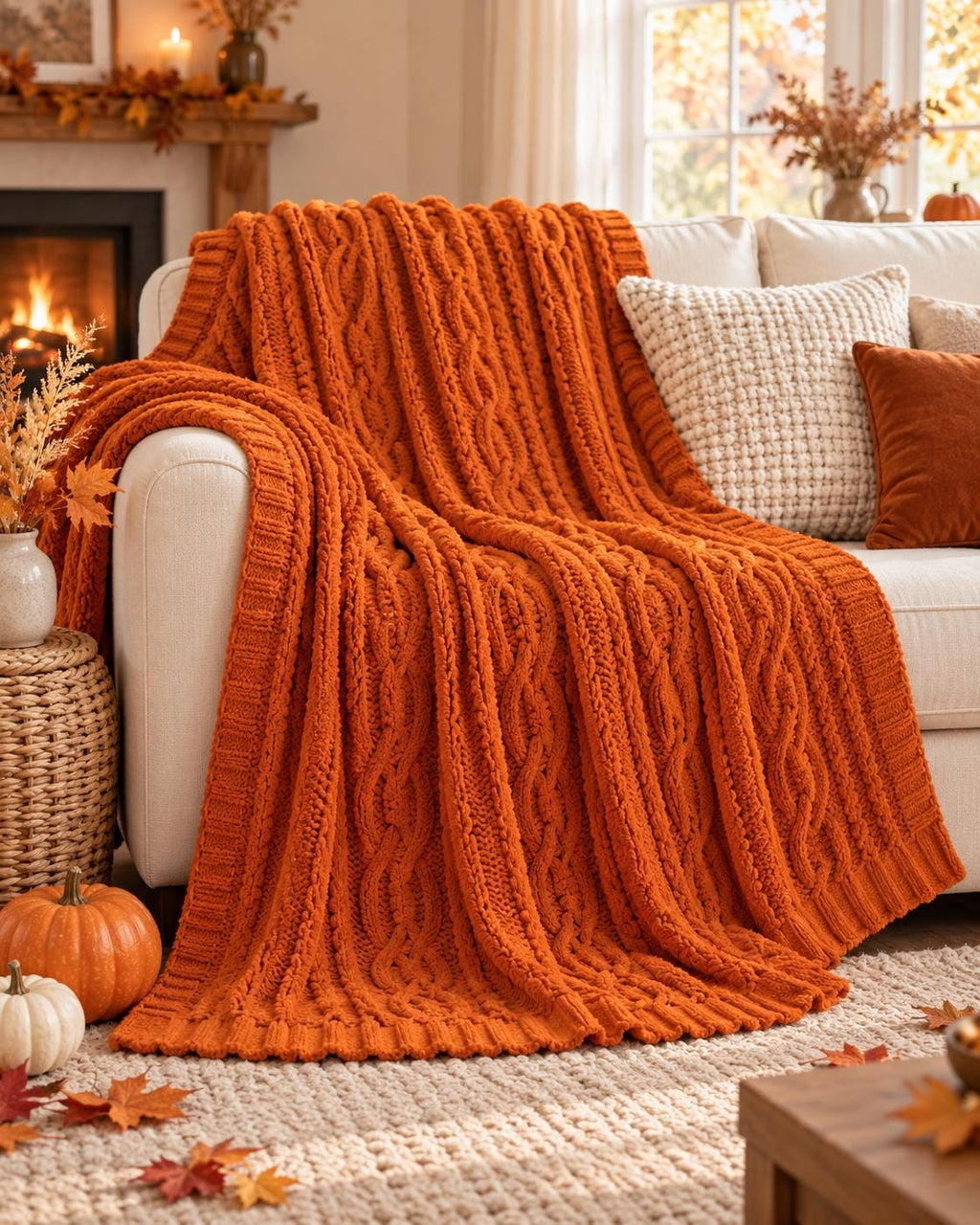 Burnt Orange Chenille Throw Blanket, Cozy Cable Knit Sofa Throw, Soft Autumn Blanket, Fall Home Decor, Bed & Couch Blanket, 130x170cm