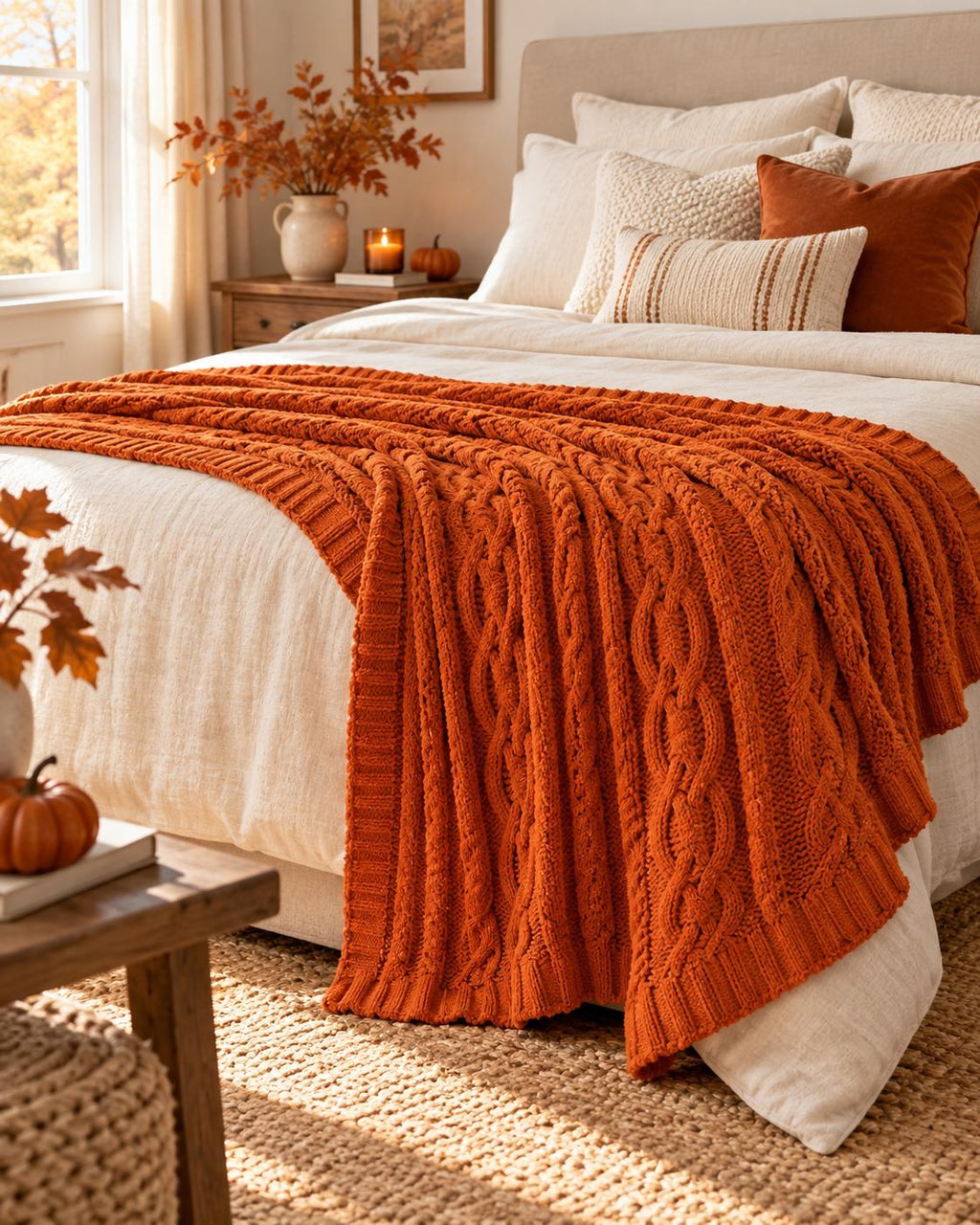 Burnt Orange Chenille Throw Blanket, Cozy Cable Knit Sofa Throw, Soft Autumn Blanket, Fall Home Decor, Bed & Couch Blanket, 130x170cm