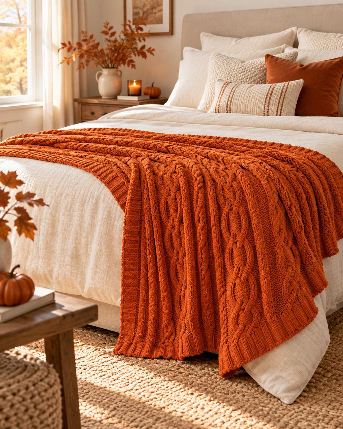 Burnt Orange Chenille Throw Blanket, Cozy Cable Knit Sofa Throw, Soft Autumn Blanket, Fall Home Decor, Bed & Couch Blanket, 130x170cm