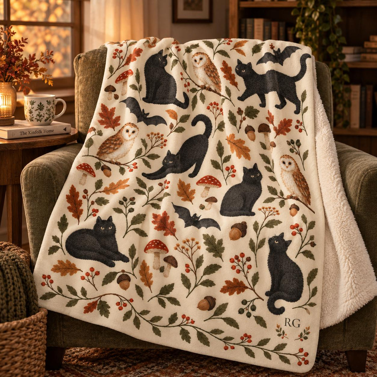 Personalized Halloween Blanket, Black Cat Owl Autumn Woodland Sherpa Throw, Monogram Fall Blanket
