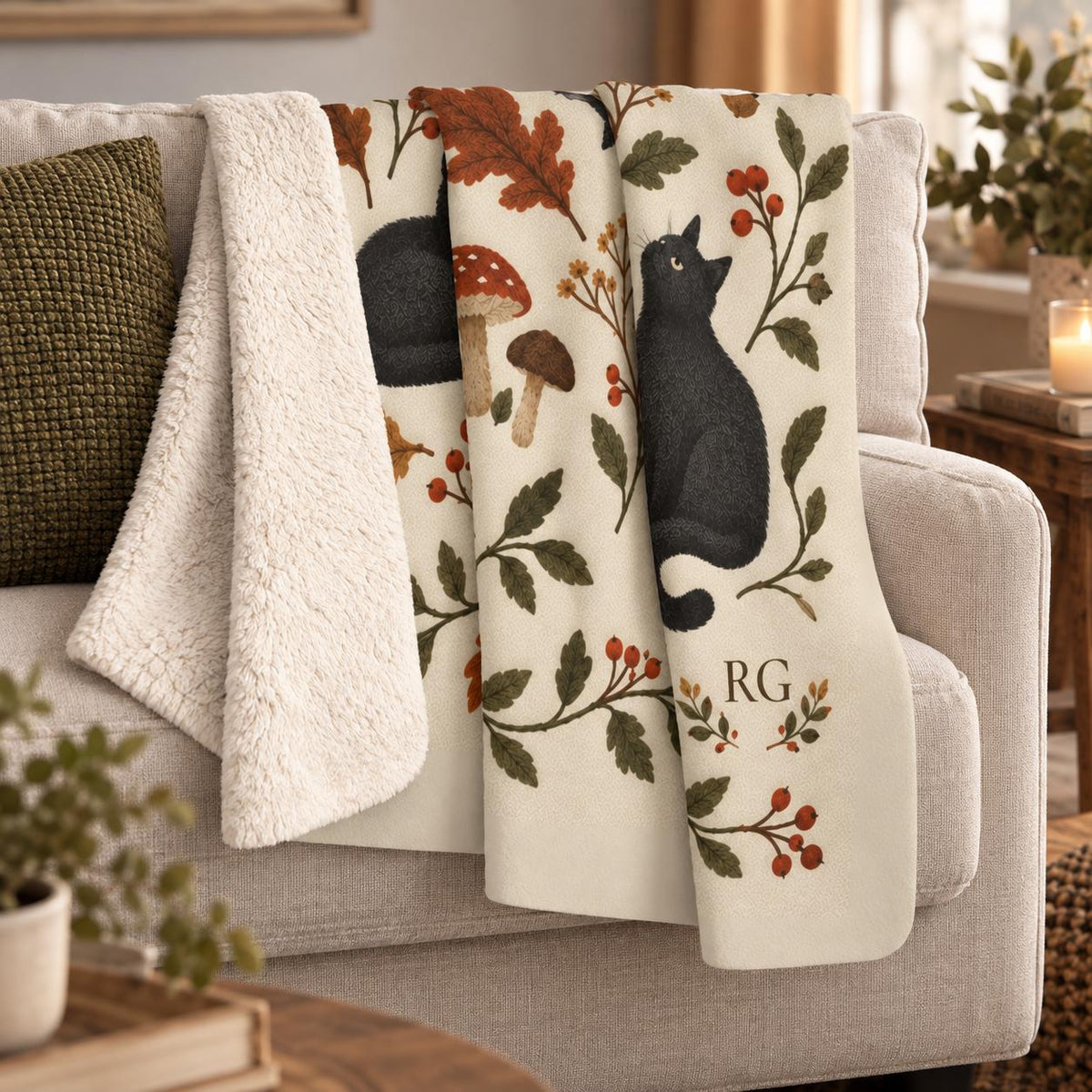 Personalized Halloween Blanket, Black Cat Owl Autumn Woodland Sherpa Throw, Monogram Fall Blanket