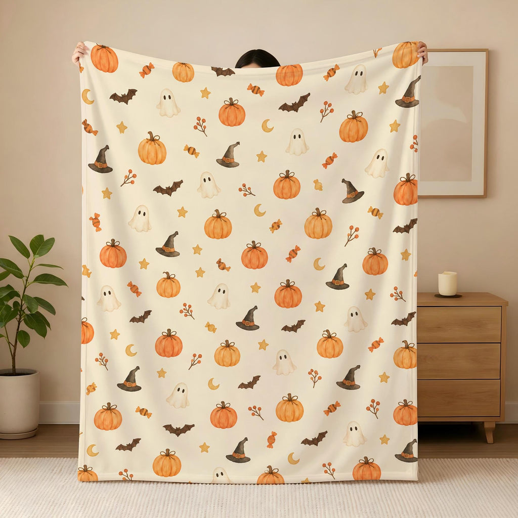 Autumn Pumpkin Throw Blanket, Watercolor Fall Leaves Pattern, Cozy Harvest Season Fleece Blanket, Thanksgiving Home Decor Gift