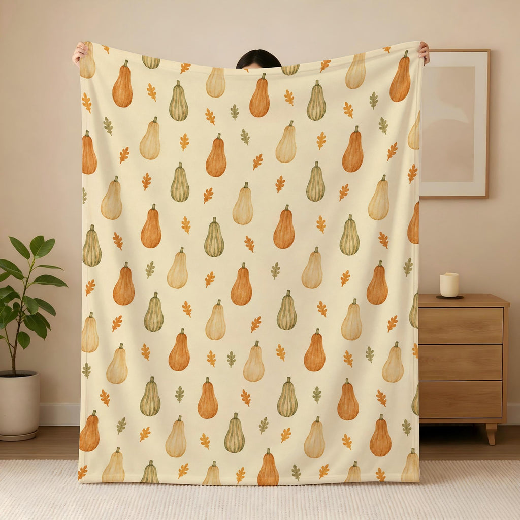 Autumn Pumpkin Throw Blanket, Watercolor Fall Leaves Pattern, Cozy Harvest Season Fleece Blanket, Thanksgiving Home Decor Gift