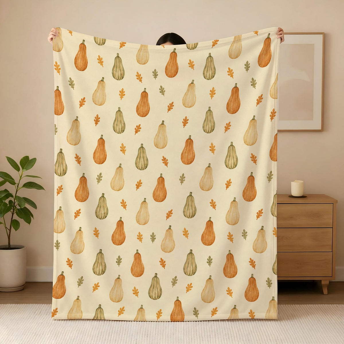 Autumn Pumpkin Throw Blanket, Watercolor Fall Leaves Pattern, Cozy Harvest Season Fleece Blanket, Thanksgiving Home Decor Gift