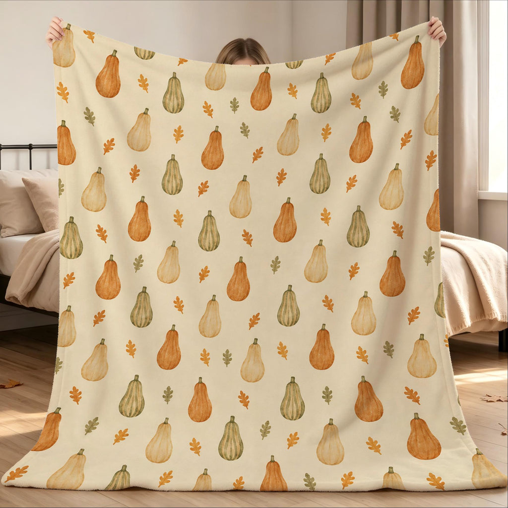 Autumn Pumpkin Throw Blanket, Watercolor Fall Leaves Pattern, Cozy Harvest Season Fleece Blanket, Thanksgiving Home Decor Gift